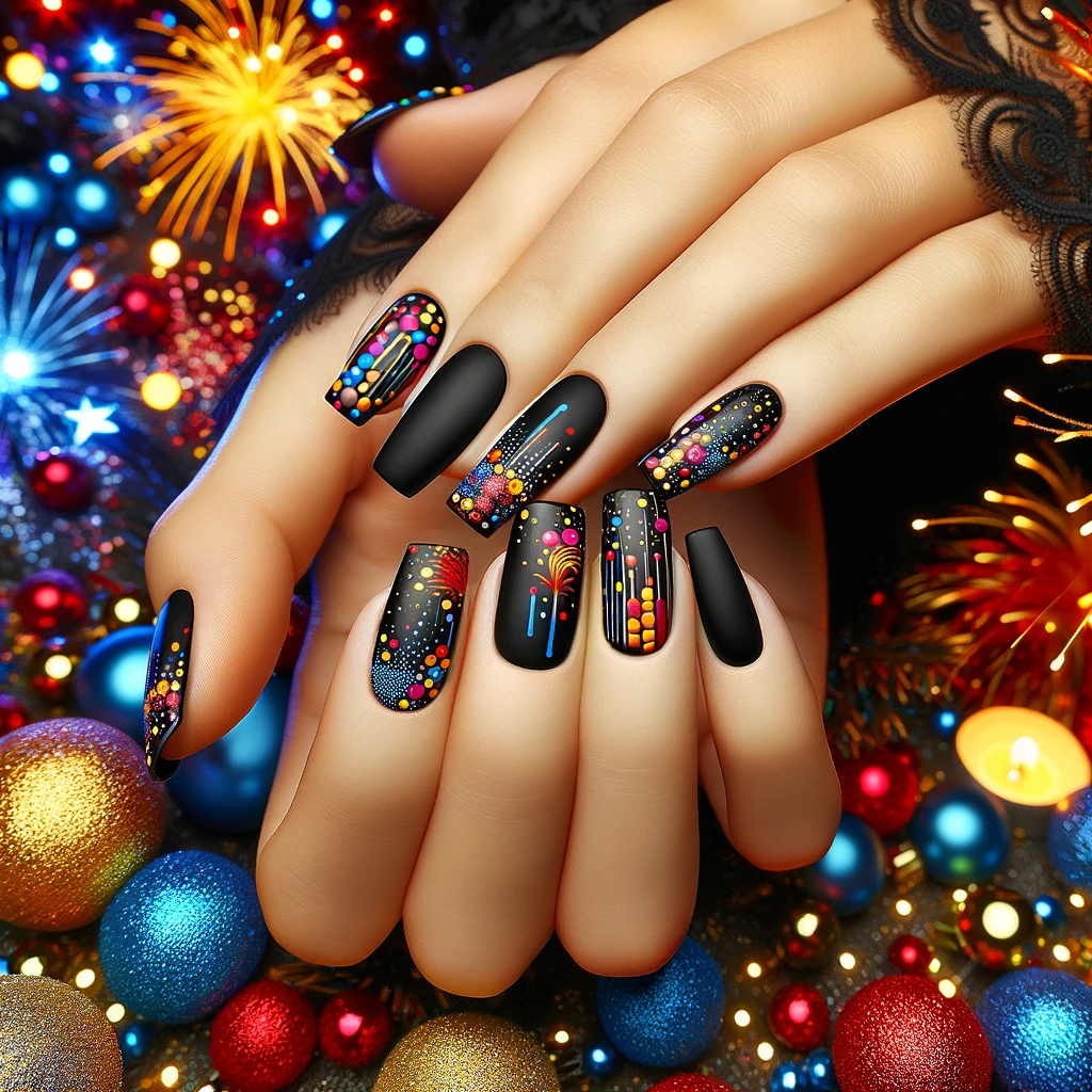 Czarne paznokcie z kolorowymi akcentami w postaci małych kropek, pasków i wzorów na tle Sylwestra z kolorowymi fajerwerkami i żywą atmosferą imprezy, dodające żywości i dynamiki do manicure