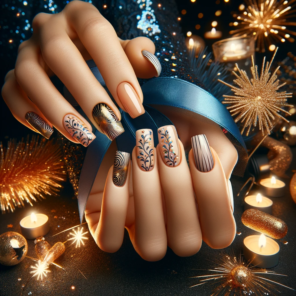 Sylwestrowe paznokcie z motywami z negatywnej przestrzeni, łączące naturalny kolor paznokci z kreatywnymi wzorami, na tle noworocznej zabawy z efektownymi fajerwerkami