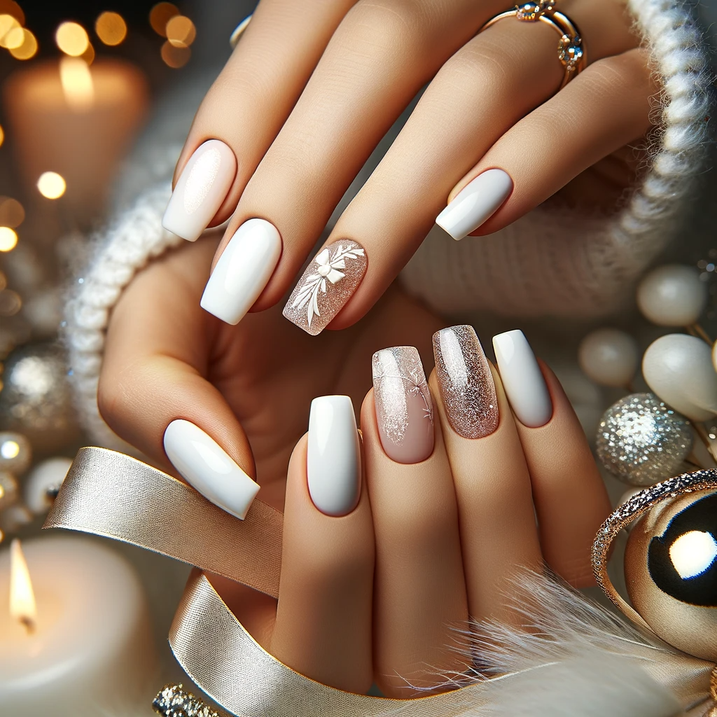 Eleganckie białe paznokcie na Sylwestra, prezentujące czysty i świeży wygląd z subtelnymi błyszczącymi akcentami, na tle noworocznej atmosfery z fajerwerkami i olśniewającymi światłami