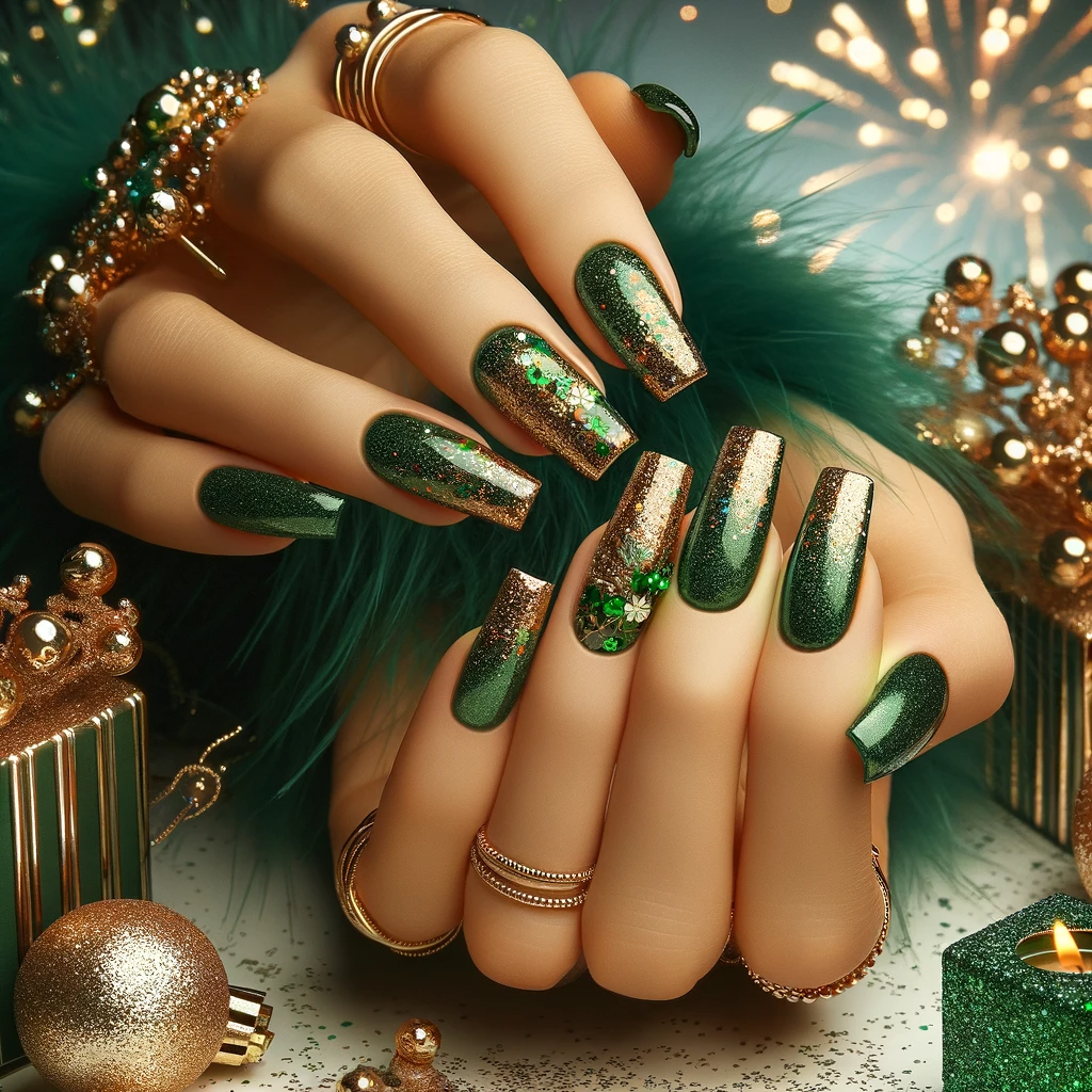 Zielone brokatowe paznokcie na Sylwestra, prezentujące żywą i świąteczną zieleń, na tle noworocznej atmosfery z fajerwerkami i dynamicznym oświetleniem, idealne dla uroczystego i błyszczącego stylu