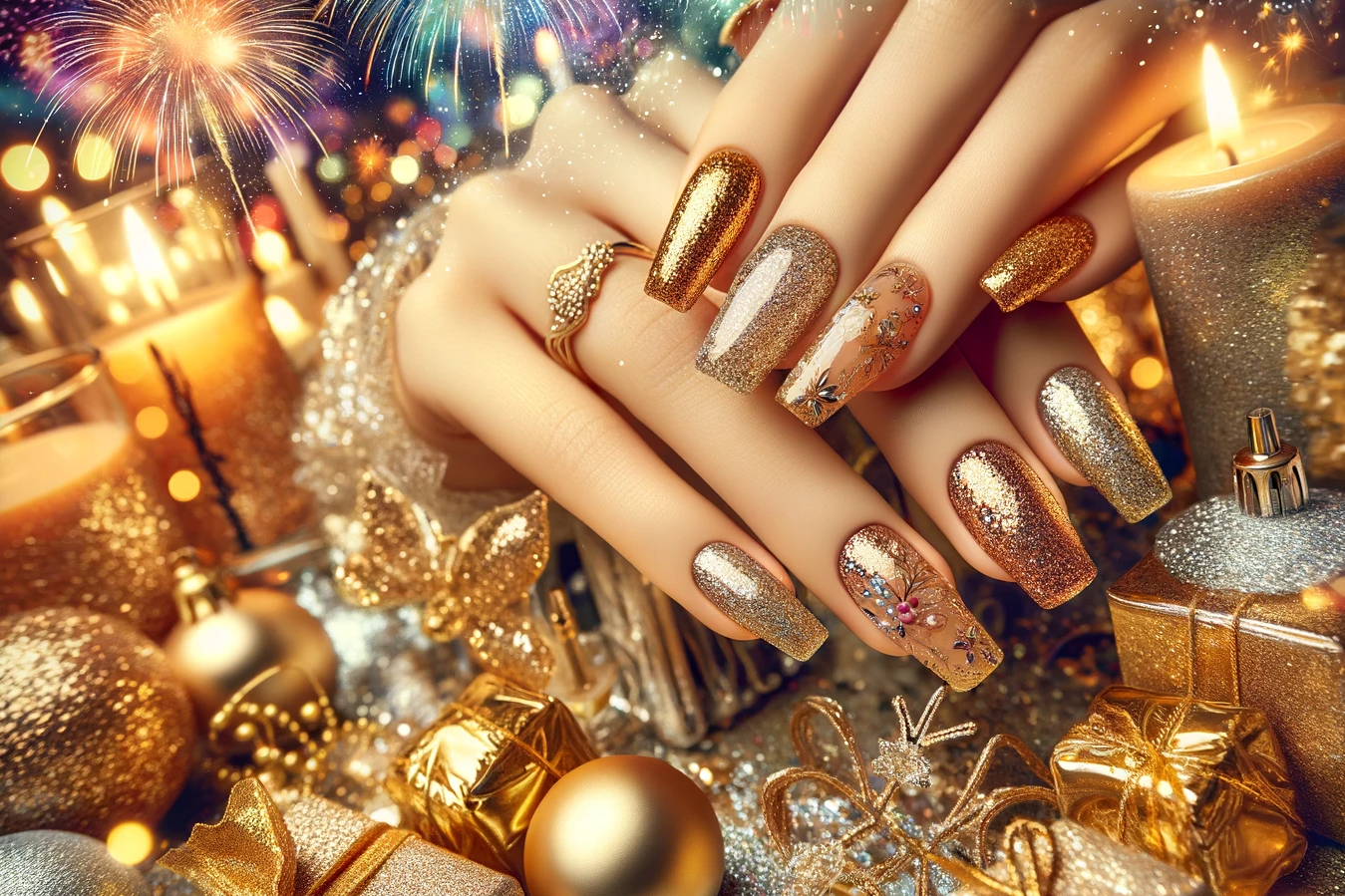 Sylwestrowe paznokcie w złotym kolorze z brokatem na tle bajkowej noworocznej sceny z migoczącymi światłami miasta, zegarem odliczający czas do Nowego Roku i świąteczną atmosferą