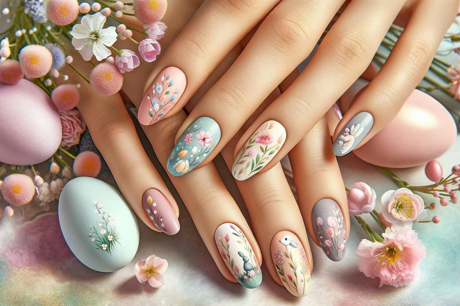 Kreatywne przedstawienie pastelowych paznokci na święta wielkanocne 2024, z motywami wiosennymi kwiatów i pastelowych jajek, na tle malowniczego ogrodu, idealne dla uchwycenia ducha odnowy i radości wiosennej