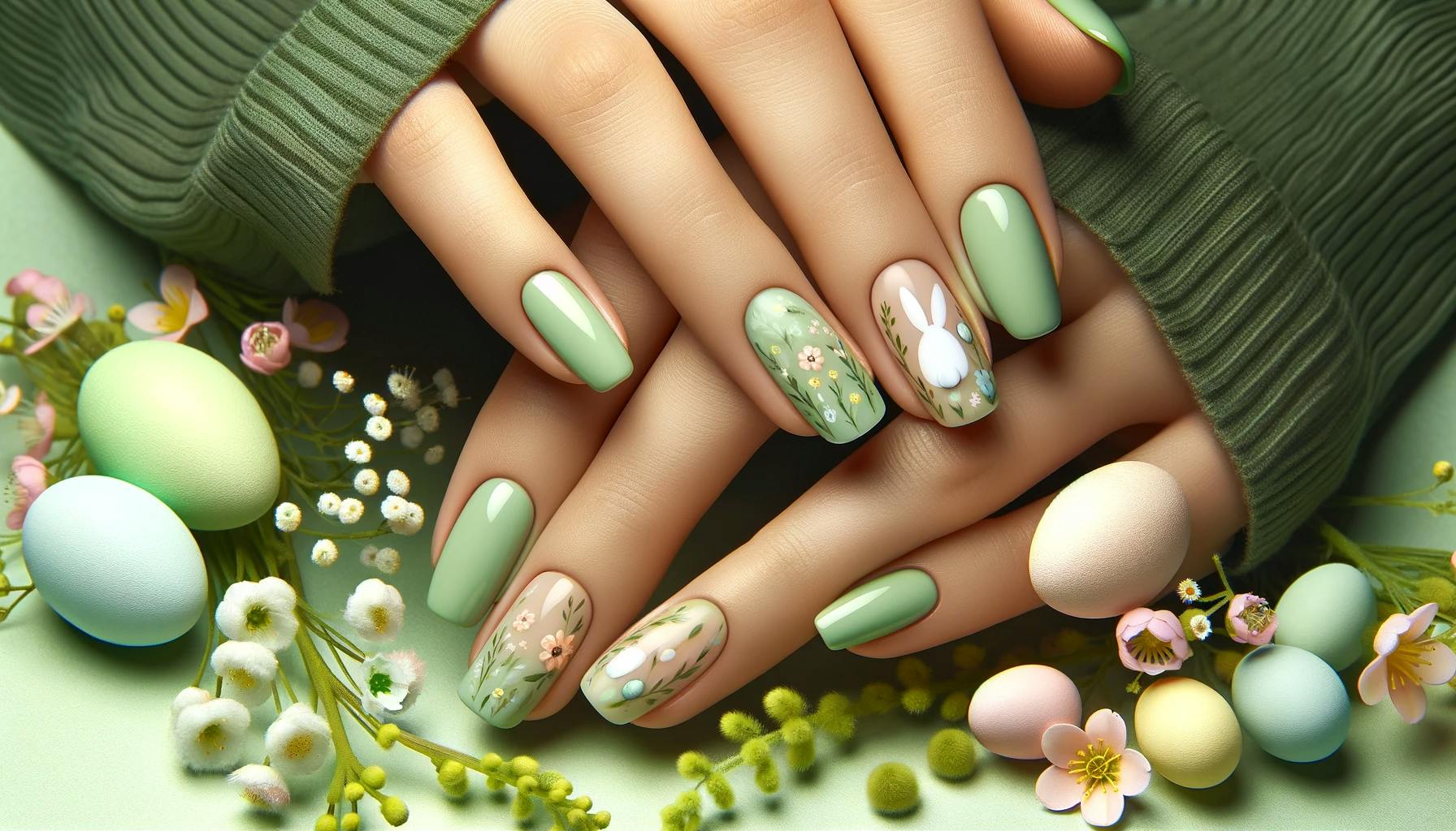 Zielone paznokcie na święta wielkanocne z delikatnymi motywami wiosennymi, idealne do celebracji wiosennego ducha i radości, na tle kwitnących kwiatów i pastelowych barw światecznych