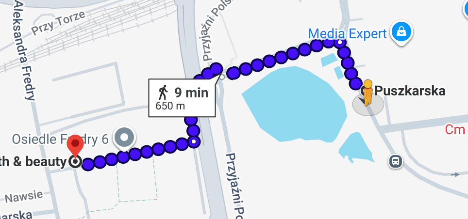 Dojście z przystanku Puszkarska (Bonarka) do Health & Beauty