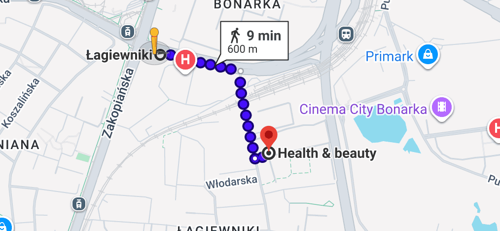 Dojście z przystanku Łagiewniki do Health & Beauty