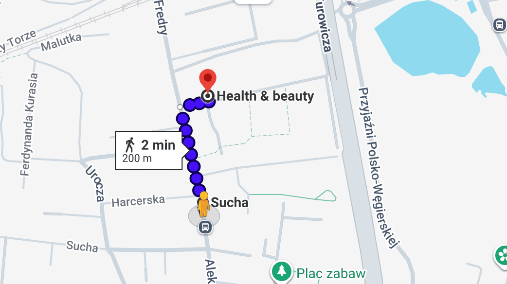 Dojście z przystanku Sucha do Health & Beauty