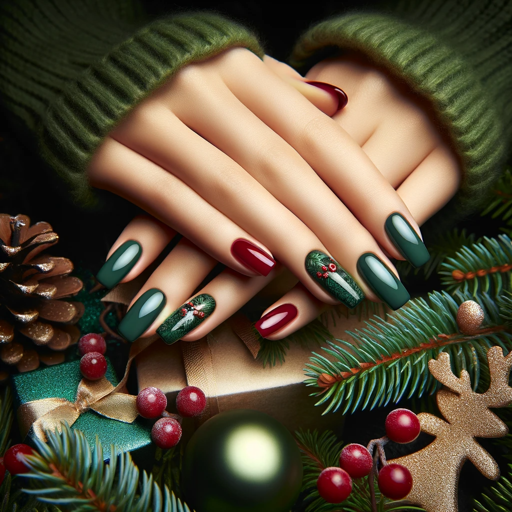 Świąteczne paznokcie w kolorze zielonej choinki, odzwierciedlające radosny i klasyczny duch Bożego Narodzenia, na tle realistycznej świątecznej sceny, na święta