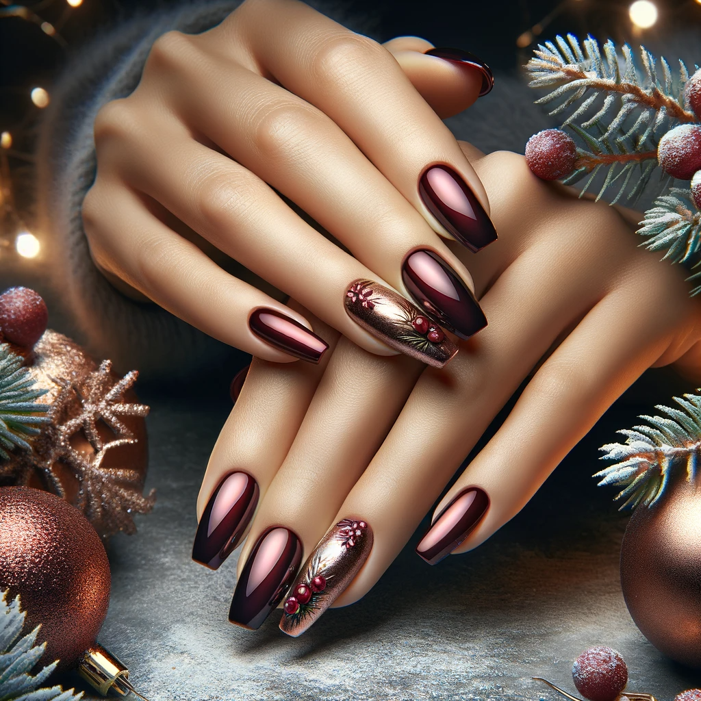 Najmodniejsze czerwone paznokcie na Boże Narodzenie 2023 - luksusowe rubinowe akcenty na tle świątecznym, podkreślające elegancję i prestiż