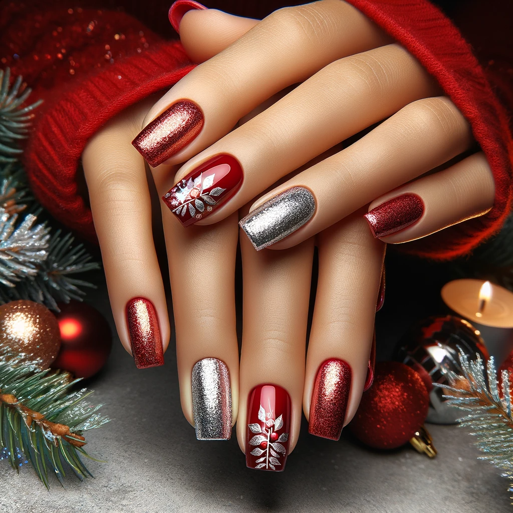 Czerwone paznokcie z metaliczną folią, tworzące błyszczący akcent na Boże Narodzenie, na tle realistycznej świątecznej sceny, idealne dla świątecznego blasku