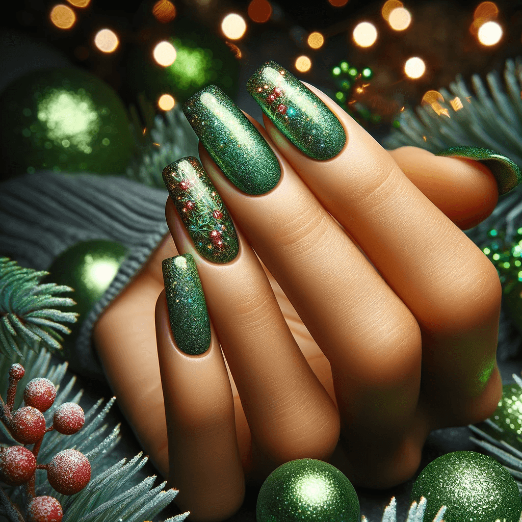 Świąteczne paznokcie w mieniącej się zieleni, prezentujące żywy i błyszczący styl, na tle realistycznej świątecznej sceny