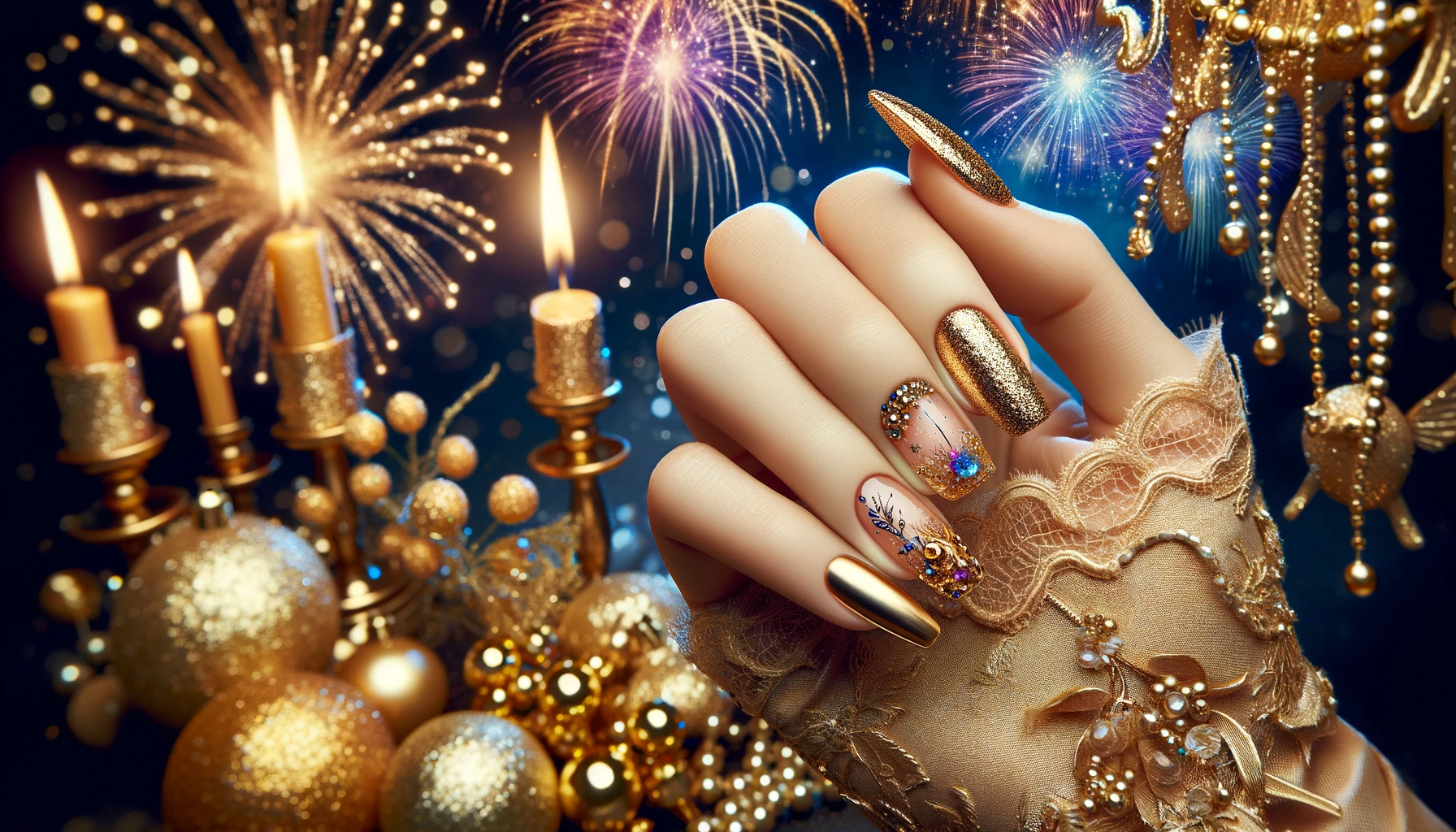 Sylwestrowe paznokcie w złotym kolorze z brokatem na tle bajkowej noworocznej sceny z migoczącymi światłami