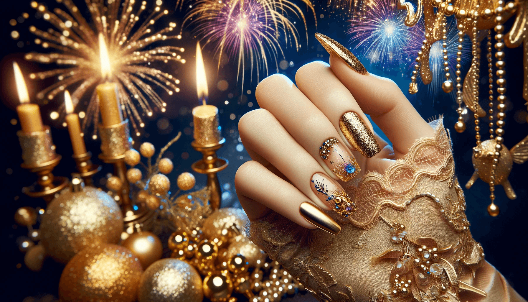 Sylwestrowe paznokcie w złotym kolorze z brokatem na tle bajkowej noworocznej sceny z migoczącymi światłami