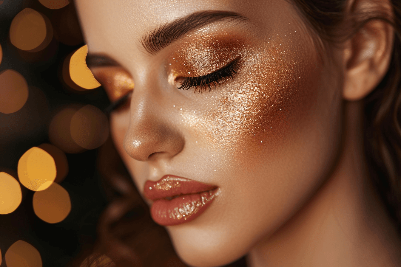 Młoda kobieta z makijażem w stylu -Złoto i Blask-. Makijaż obejmuje złote, brokatowe cienie do powiek i ciepłą, naturalną pomadkę, tworząc elegancki i promienny wygląd, który emanuje splendorem i wyrafinowaniem