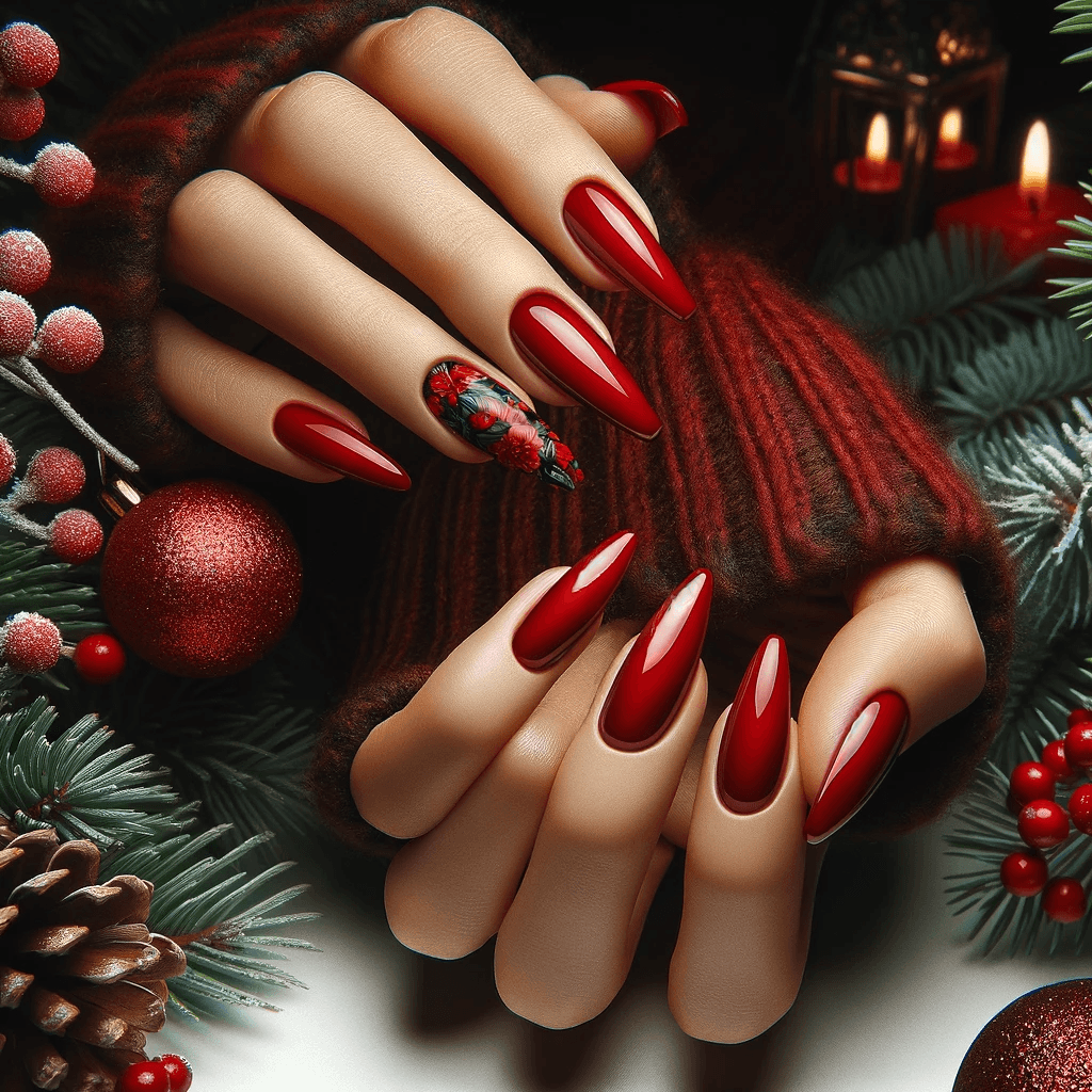 Modne krwistoczerwone paznokcie na Boże Narodzenie 2023, prezentujące odważny wybór na tle świątecznej sceny, idealne dla tych, którzy chcą się wyróżnić