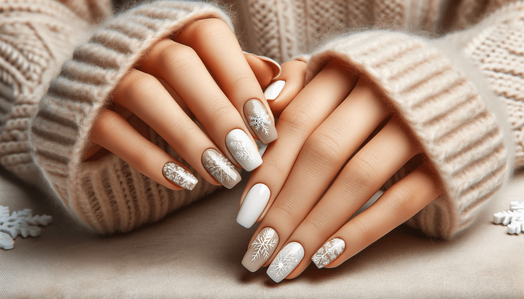 paznokcie zimowe ze zdobieniami w płatki śniegu