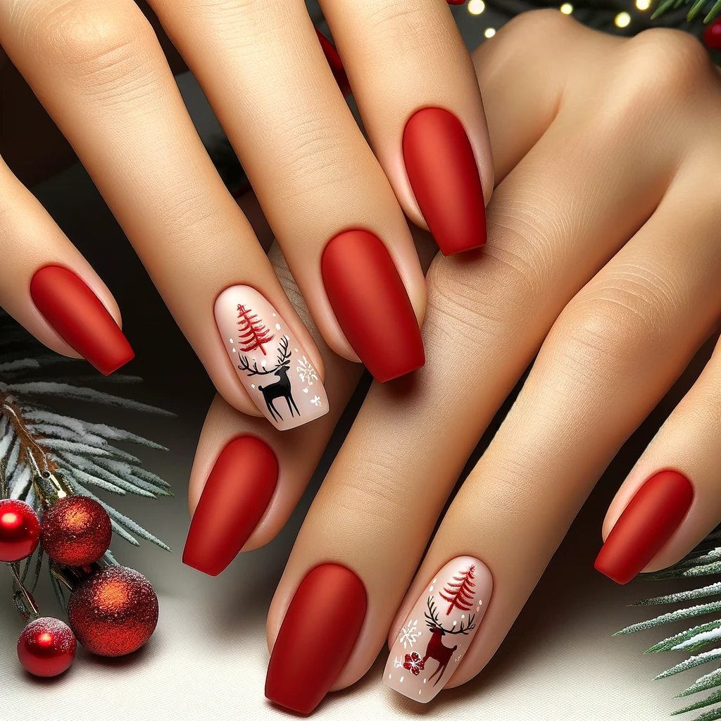Proste i eleganckie świąteczne wzory na czerwonych paznokciach, z minimalistycznymi motywami reniferów i choinek na tle realistycznej bożonarodzeniowej sceny