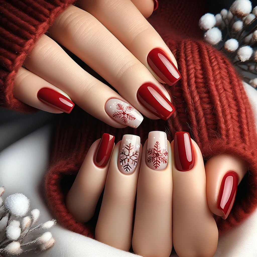 Proste czerwone paznokcie z zimowymi motywami śnieżynki i lodowych kryształów, prezentujące subtelny i elegancki urok zimy na tle realistycznego zimowego krajobrazu