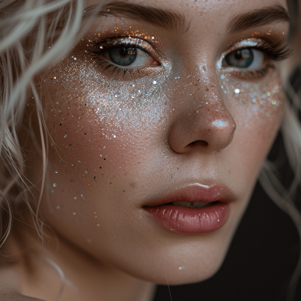 Elegancka kobieta z olśniewającym makijażem sylwestrowym na tle rozświetlonej celebracji Nowego Roku, idealne połączenie glamour i świątecznej atmosfery