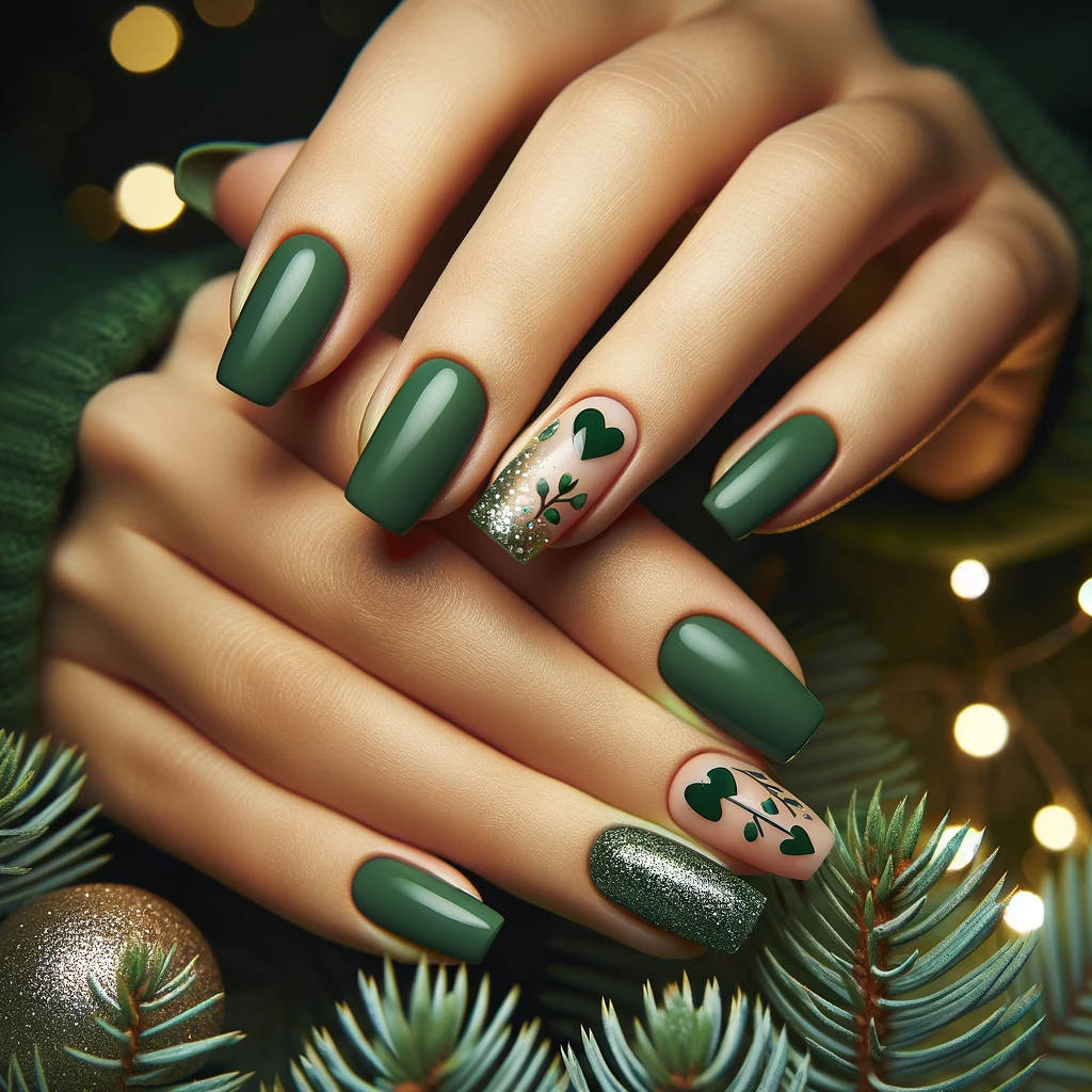Minimalistyczne świąteczne paznokcie w zielonym kolorze z prostymi wzorami serduszek i delikatnym brokatem na tle realistycznej bożonarodzeniowej sceny, idealne dla subtelnych i radosnych stylizacji