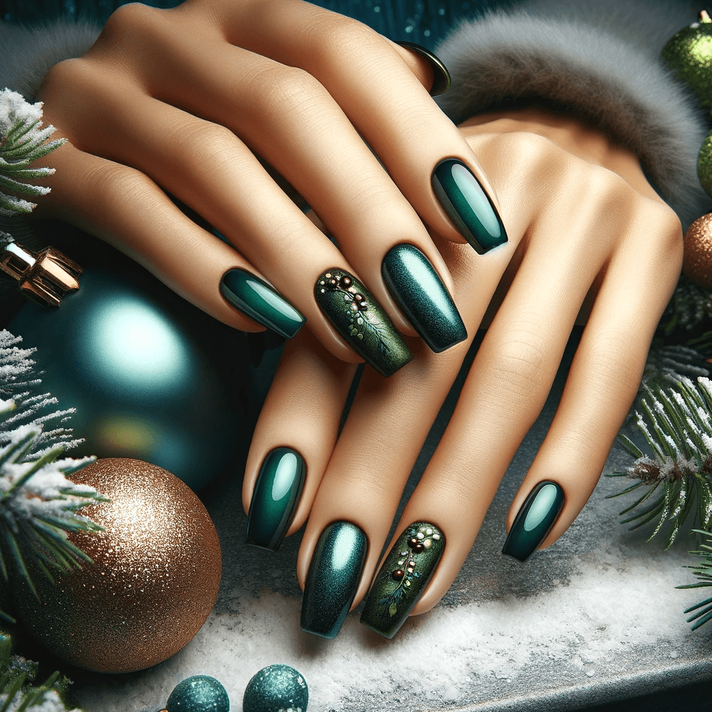 Świąteczne paznokcie w szmaragdowej zieleni, prezentujące bogaty i elegancki styl, na tle realistycznej świątecznej sceny