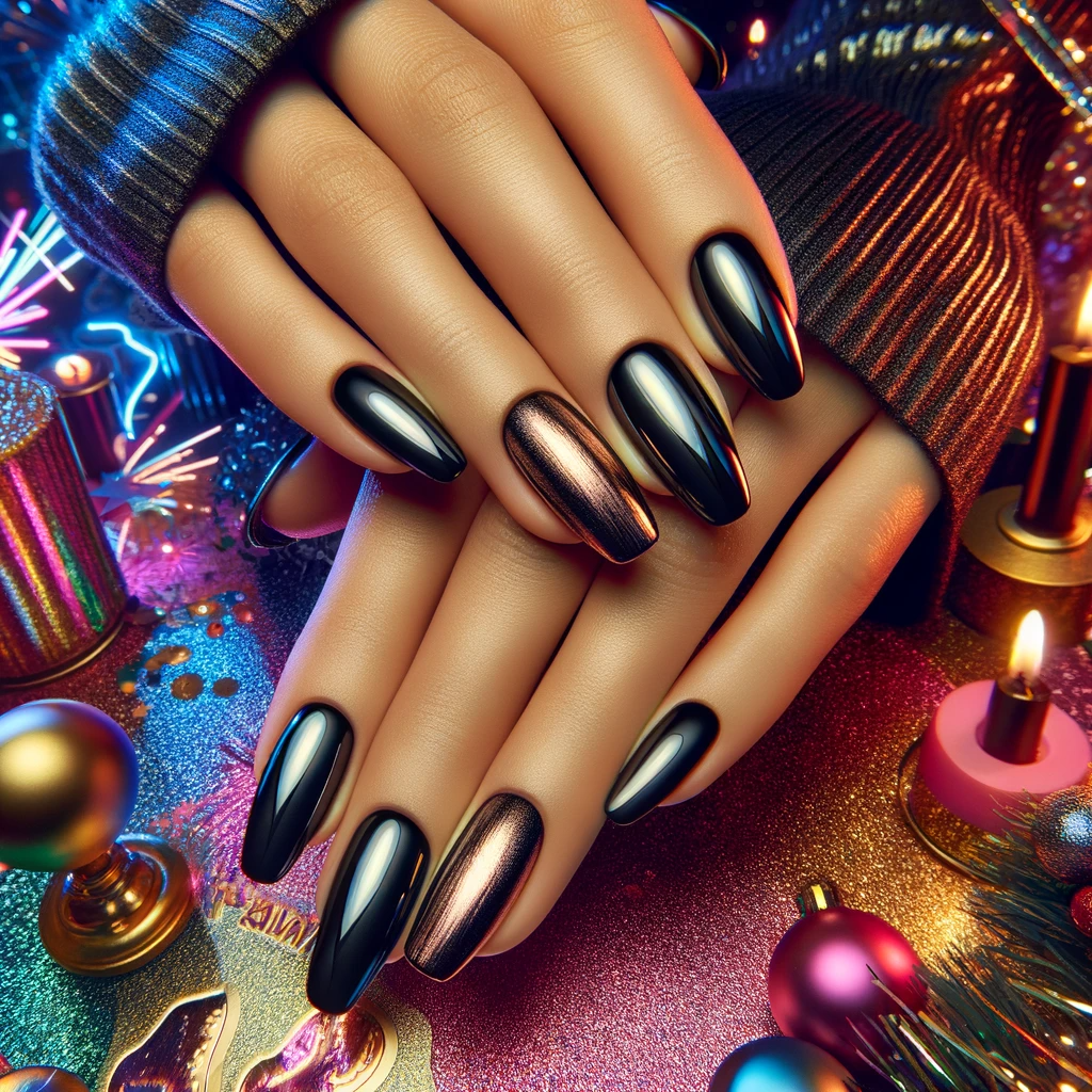 Czarne paznokcie z metalicznym wykończeniem na tle Sylwestra z kolorowymi fajerwerkami i żywą atmosferą imprezy, tworzące elegancki i nowoczesny wygląd