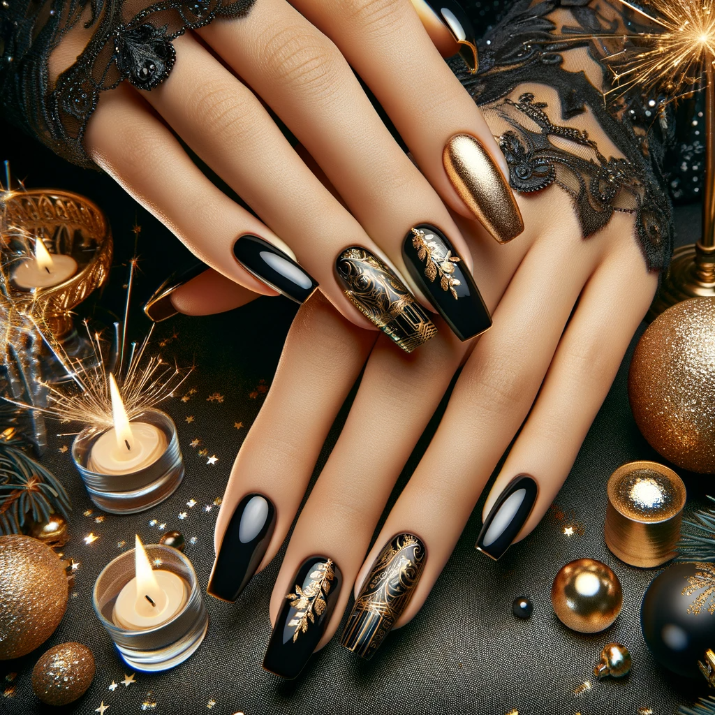 Czarne paznokcie z złotymi akcentami na tle świątecznym Sylwestra, z fajerwerkami i glamour imprezy, podkreślające luksusową elegancję