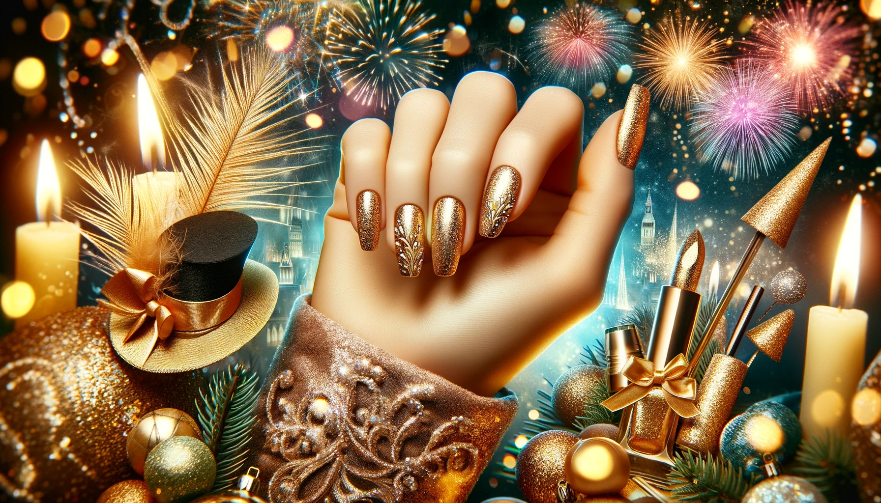 Zaczarowane stylizacje paznokci na Sylwestra w złotym brokacie, na tle bajkowej sceny noworocznej z żywymi fajerwerkami i glamour atmosferą, idealne dla artykułu o stylizacjach na Nowy Rok