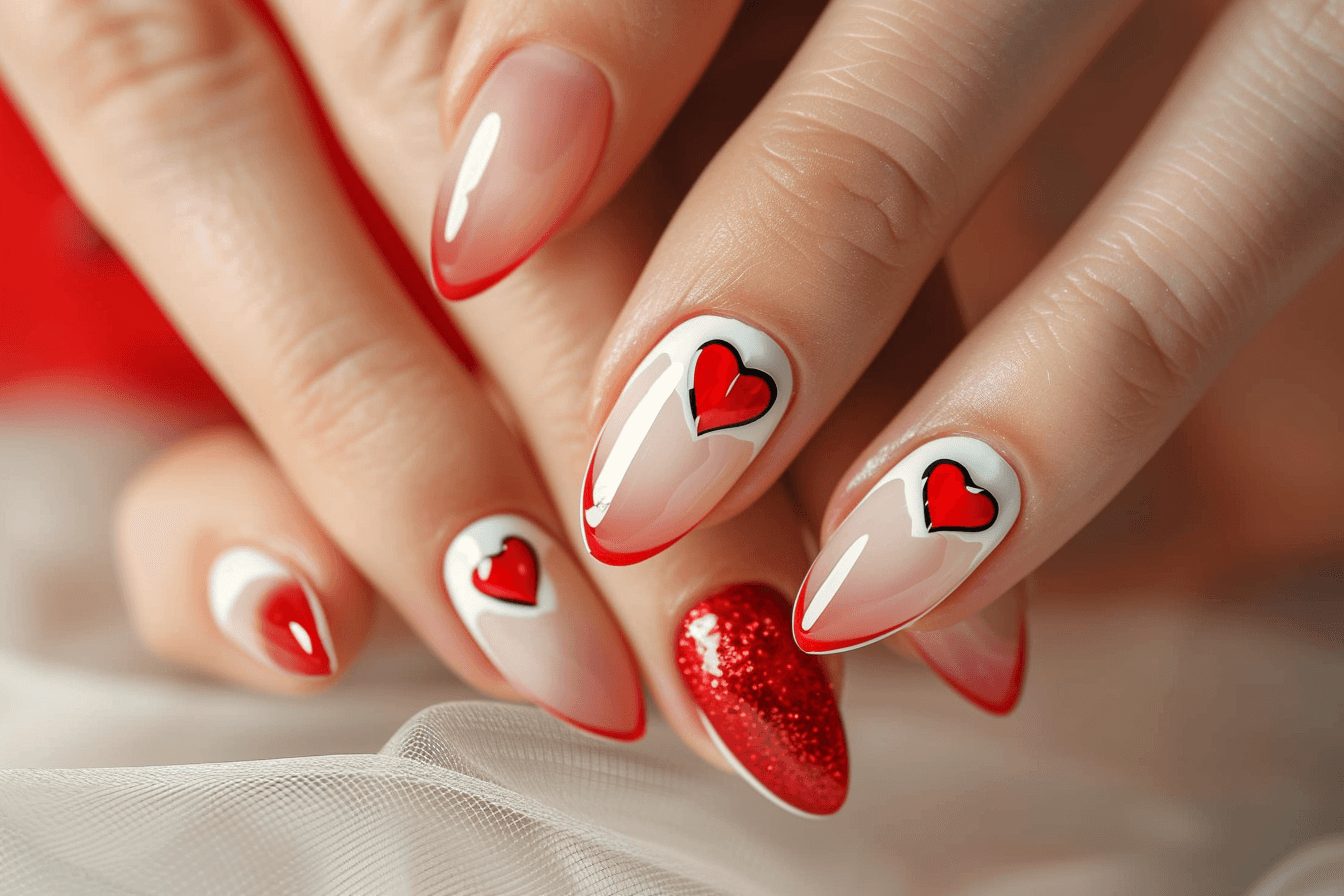 Klasyczny francuski manicure z nowoczesnym twistem, prezentujacy walentynkowe serduszka na przejrzystym białym tle, eleganckie i stylowe