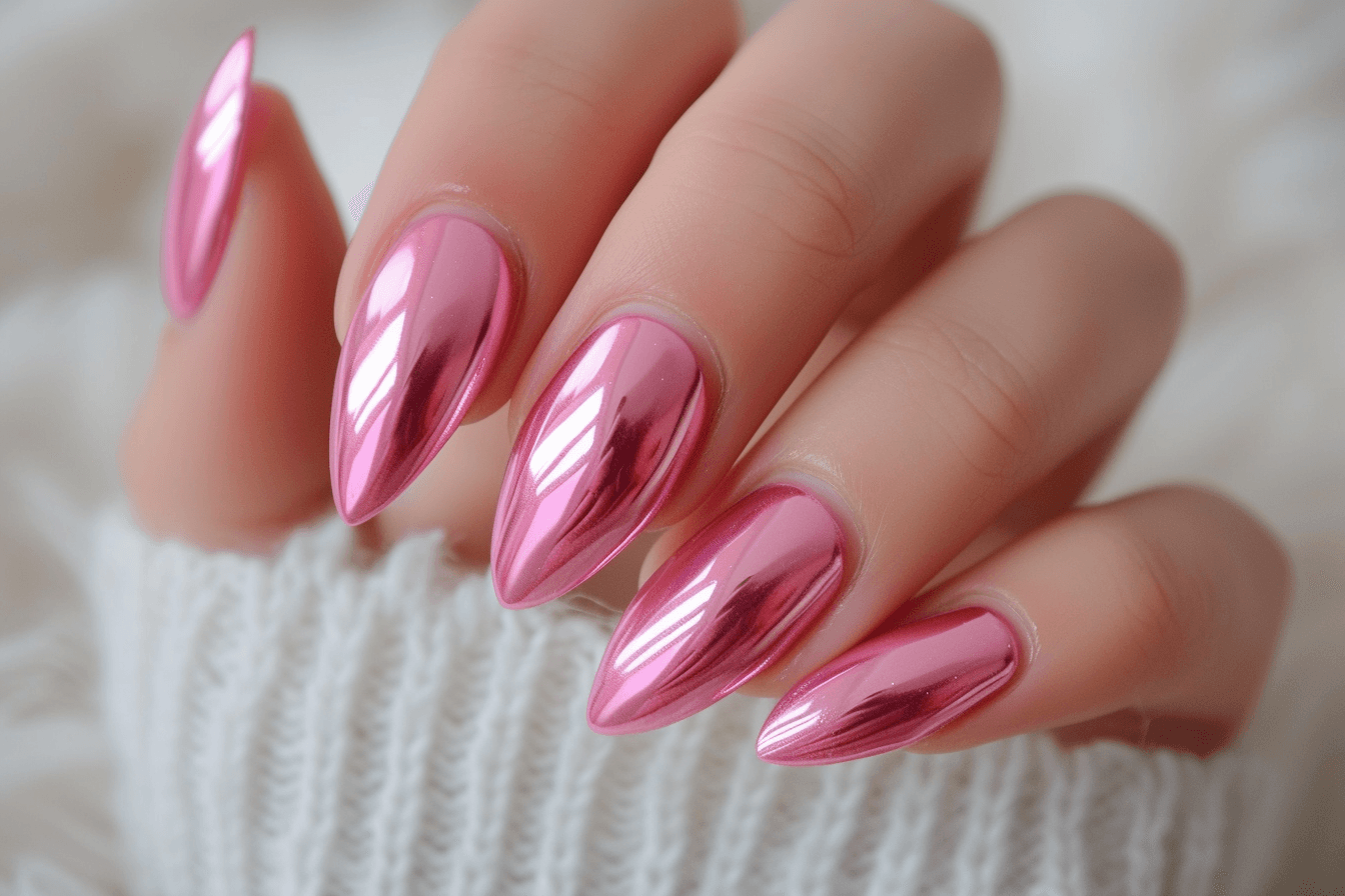 metaliczne rozowe paznokcie na walentynki