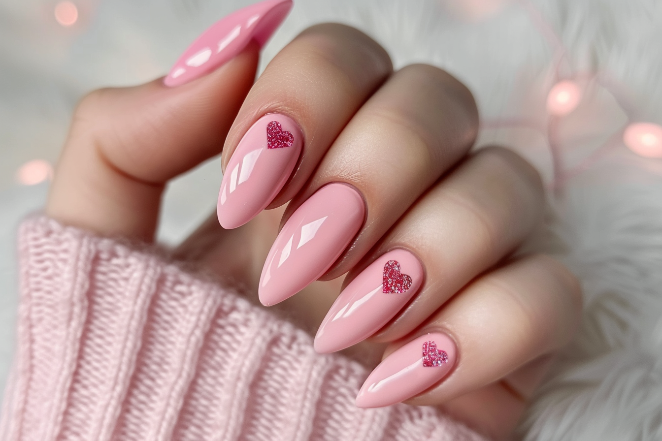różowe paznokcie w stylu nude na walentynki
