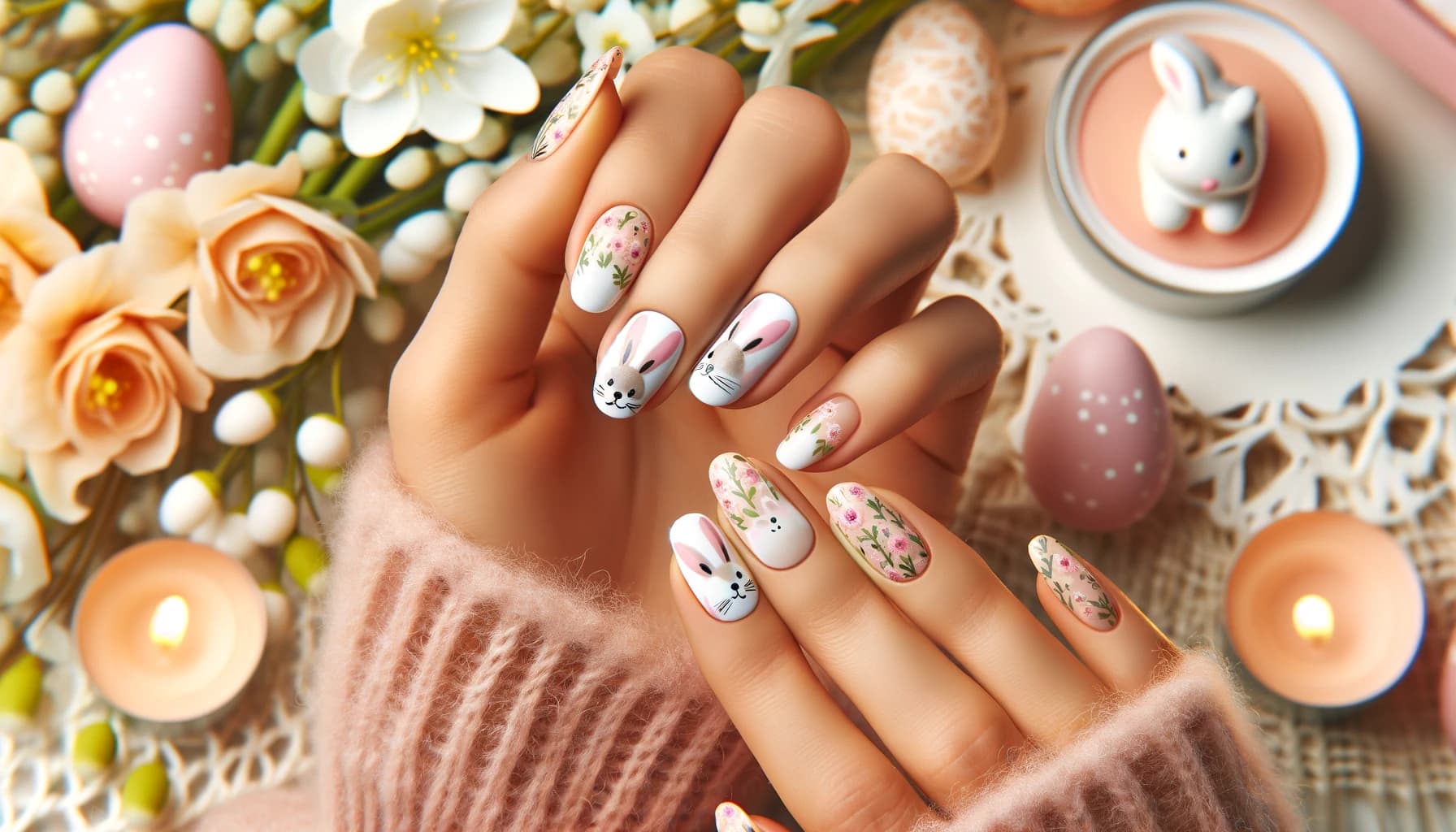 Paznokcie na święta wielkanocne z uroczymi motywami zajączków, odzwierciedlające wesołego ducha Wielkanocy, na tle wiosennej sceny z kwitnącymi kwiatami i pastelowymi kolorami, idealne dla świątecznej radości i celebracji