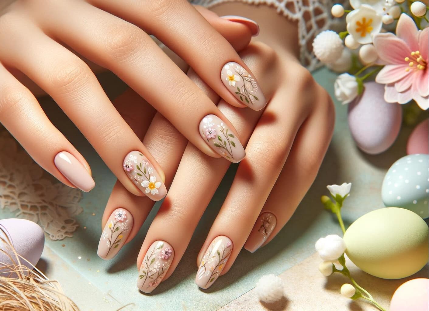 Paznokcie na święta wielkanocne z delikatnymi kwiatowymi wzorami, odzwierciedlające wiosenna świeżości i świątecznego ducha, na tle kwiatów i pastelowych barw, idealne dla celebracji odrodzenia i piękna wiosny