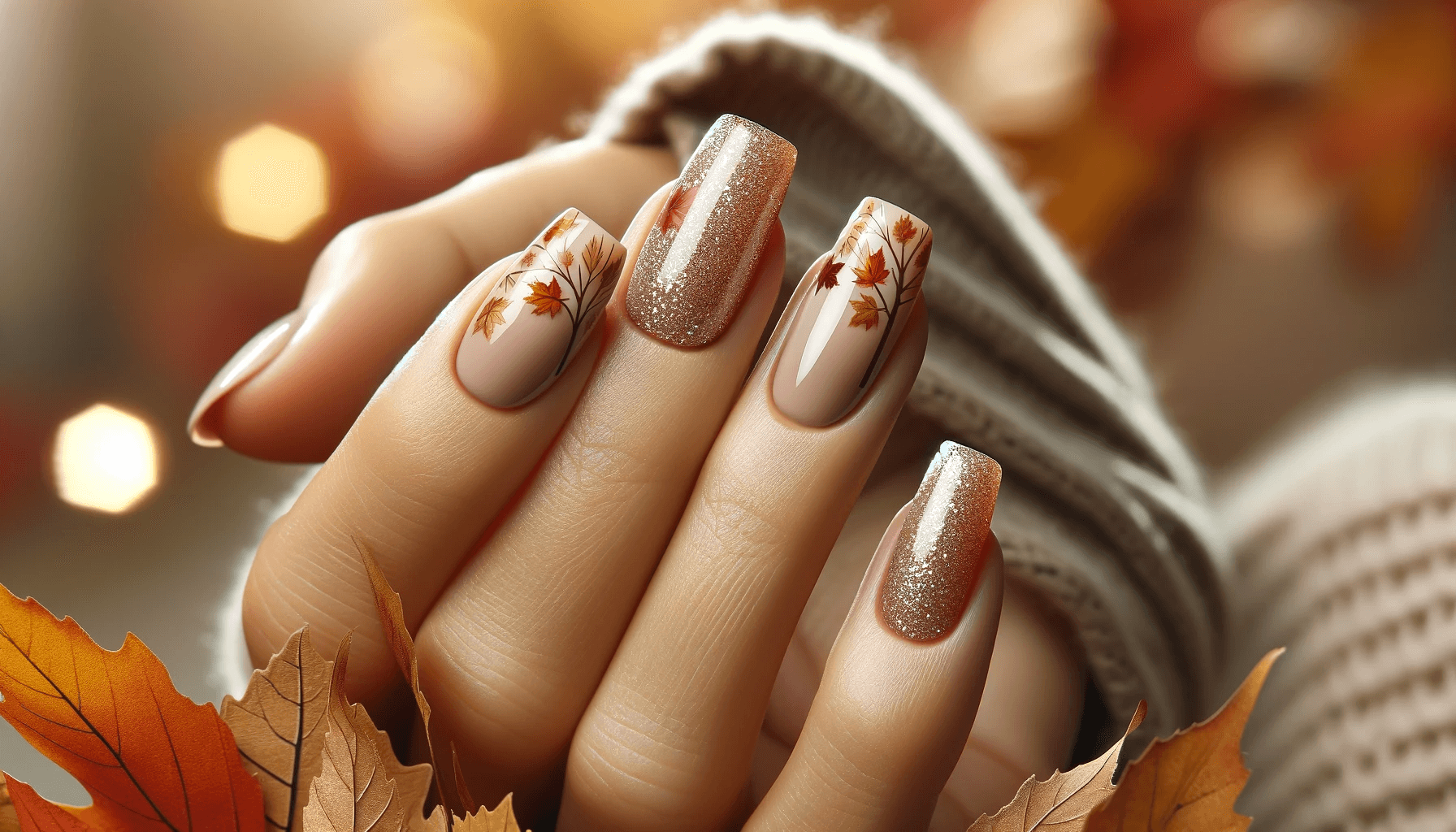 paznokcie jesienne brokat akcent