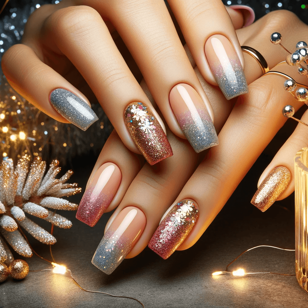 Paznokcie na Sylwestra z efektem ombre i brokatową końcówką, prezentujące stylowe przejście od delikatnego koloru u nasady do błyszczącego brokatu na końcówkach, na tle noworocznej atmosfery z fajerwerkami i imprezowym oświetleniem