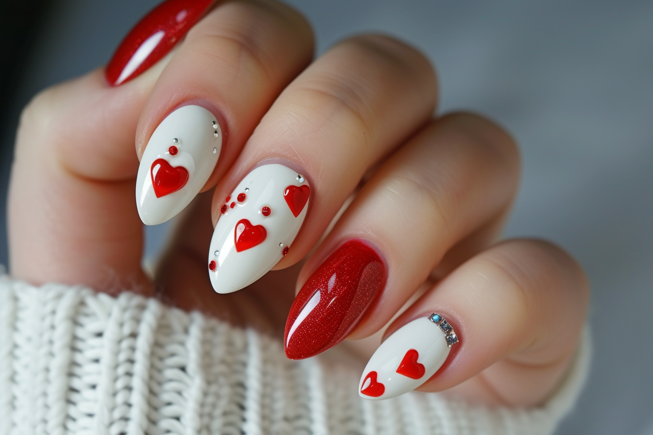Zabawne i flirtujace walentynkowe paznokcie zdobione czerwonymi sercami i pocałunkami, idealne na randke w Walentynki