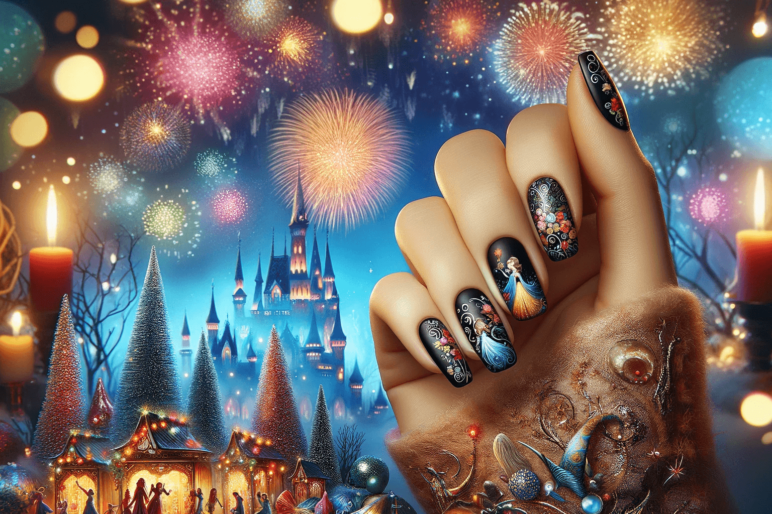 Czarne paznokcie na Sylwestra. Paznokcie są pomalowane na czarno i ozdobione skomplikowanymi, bajkowymi wzorami. W tle widać żywą scenę Sylwestra, pełną kolorowych fajerwerków i świątecznych dekoracji