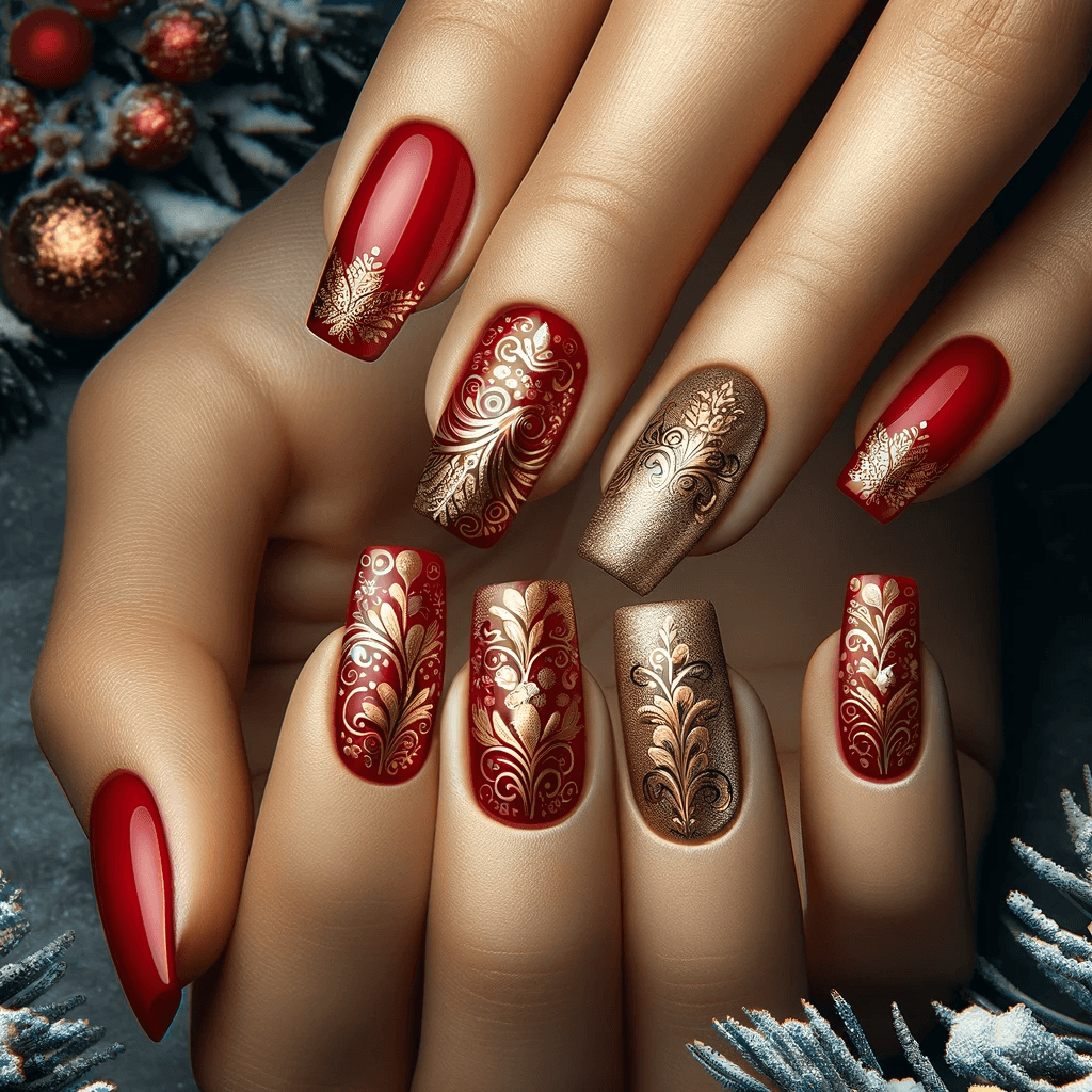 Świąteczne wzory na czerwonych paznokciach z subtelnie zdobionymi złotymi i srebrnymi szlaczki, dodające eleganckiego uroku na tle bożonarodzeniowej sceny
