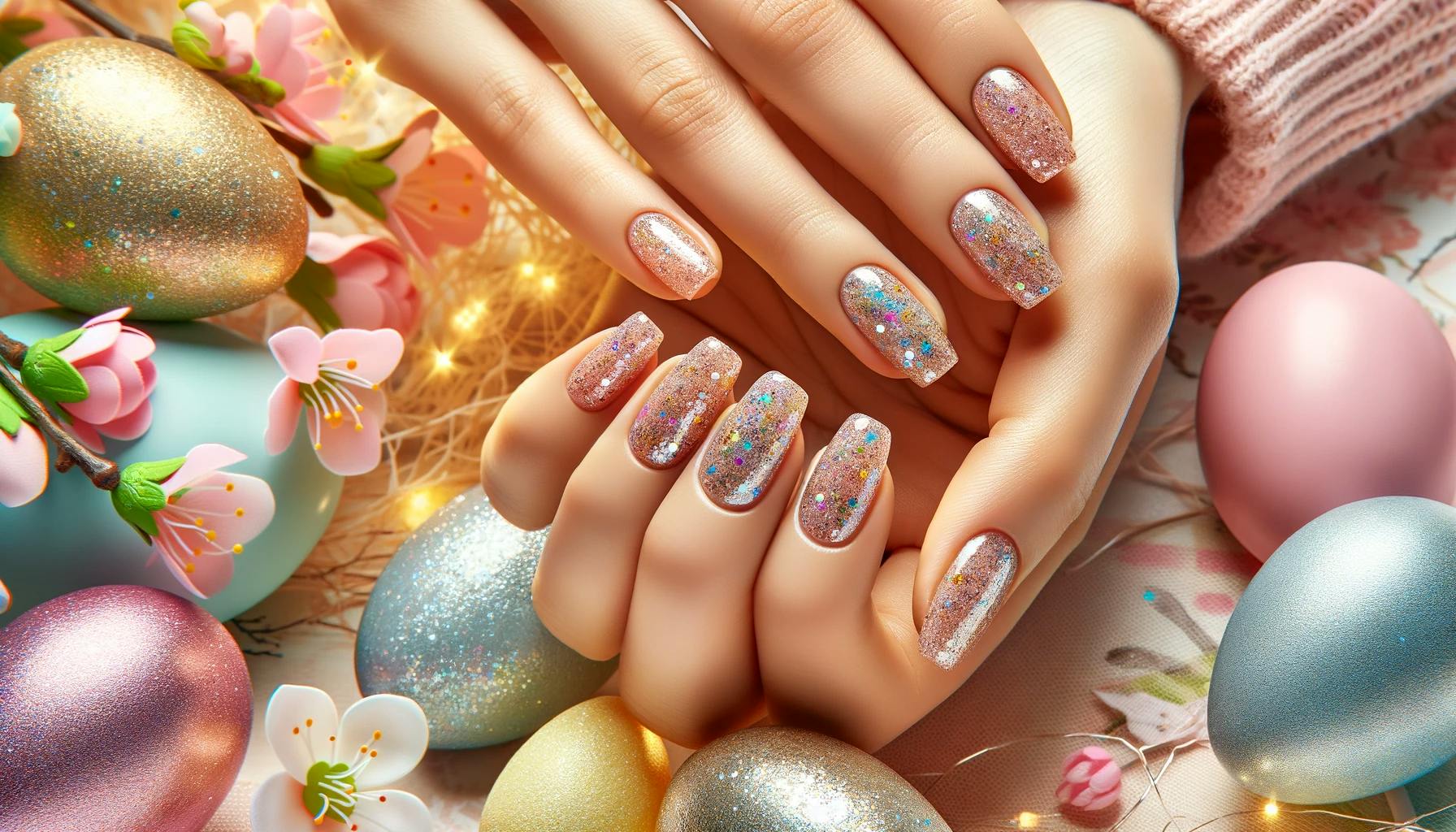 Brokatowe wykończenia paznokci na święta wielkanocne, dodające świątecznego i glamour akcentu, na tle wiosennej sceny z kwitnącymi kwiatami i pastelowymi barwami, idealne dla błyszczącej Wielkanocy
