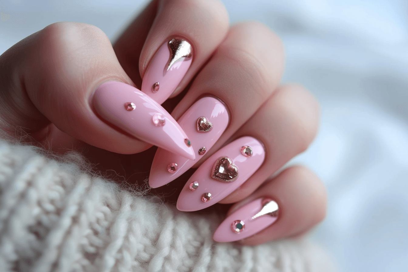 rozowe paznokcie ze zlotymi elementami na walentynki