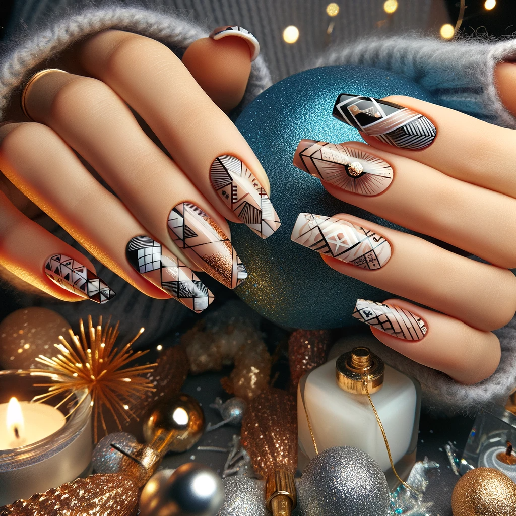 Nowoczesne sylwestrowe paznokcie z geometrycznymi motywami, prezentujące stylowe wzory i kształty na tle noworocznej atmosfery z fajerwerkami i świątecznymi światłami
