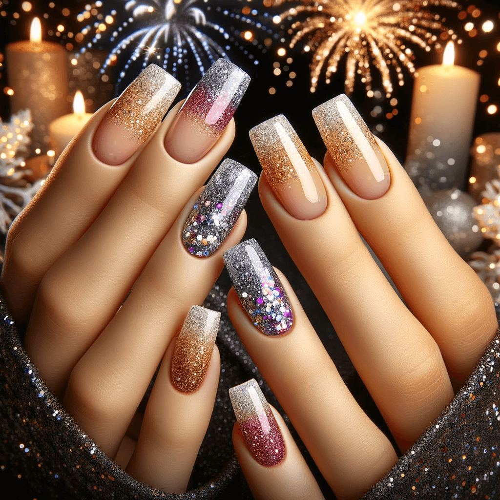 Paznokcie na sylwestra 2023:2024 z efektem gradientu ombre z brokatem, tworzące olśniewający wygląd na tle noworocznej zabawy, idealne dla dynamicznej i glamour świątecznej stylizacji