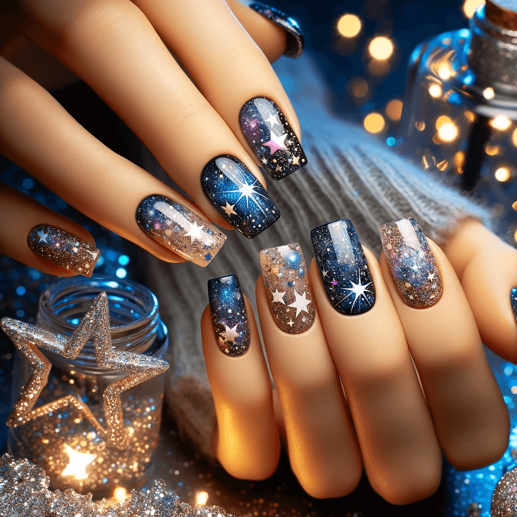 Paznokcie na Sylwestra z inspiracjami galaktycznymi, prezentujące wzory gwiazd, tworzące kosmiczny i urzekający wygląd, na tle noworocznej atmosfery z magicznymi światłami i fajerwerkami