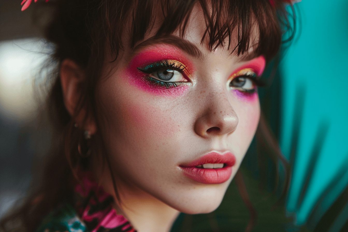 Młoda kobieta prezentująca neonowy sylwestrowy makijaż w stylu lat 60. z wyrazistymi, neonowymi cieniami do powiek