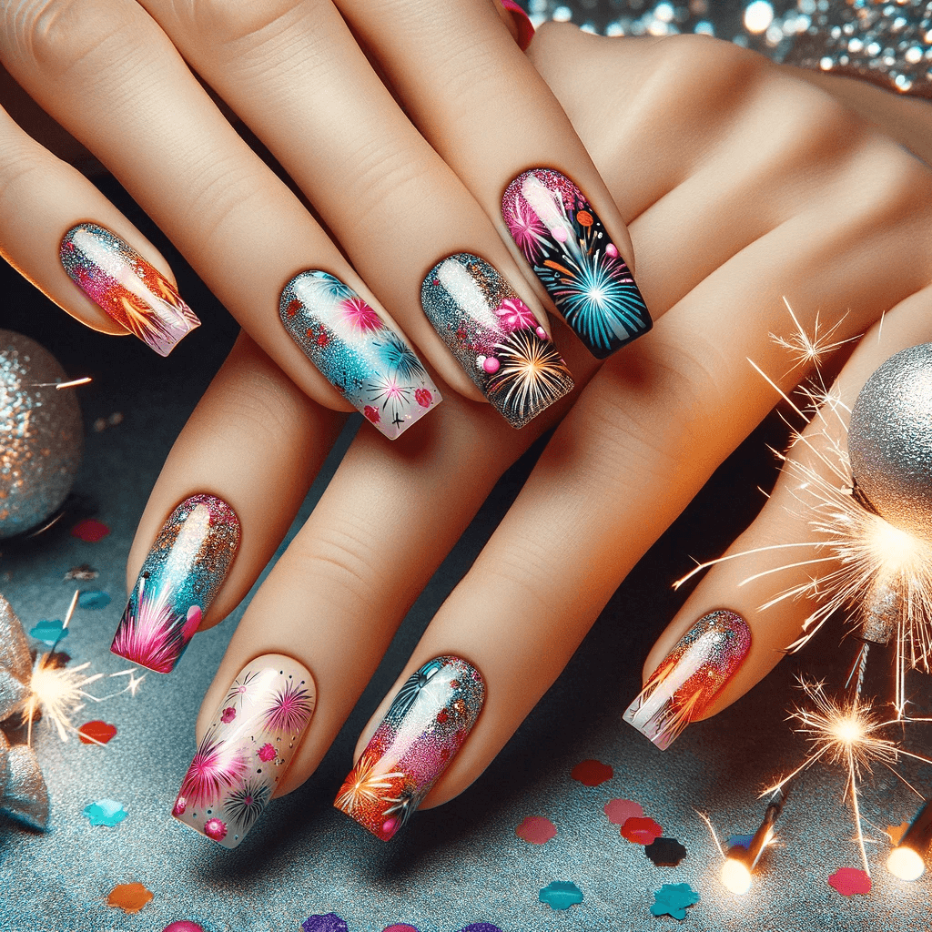 Paznokcie na Sylwestra z motywem fajerwerków, prezentujące barwne i żywe wzory przypominające sylwestrowe fajerwerki, na tle noworocznej zabawy z olśniewającymi światłami