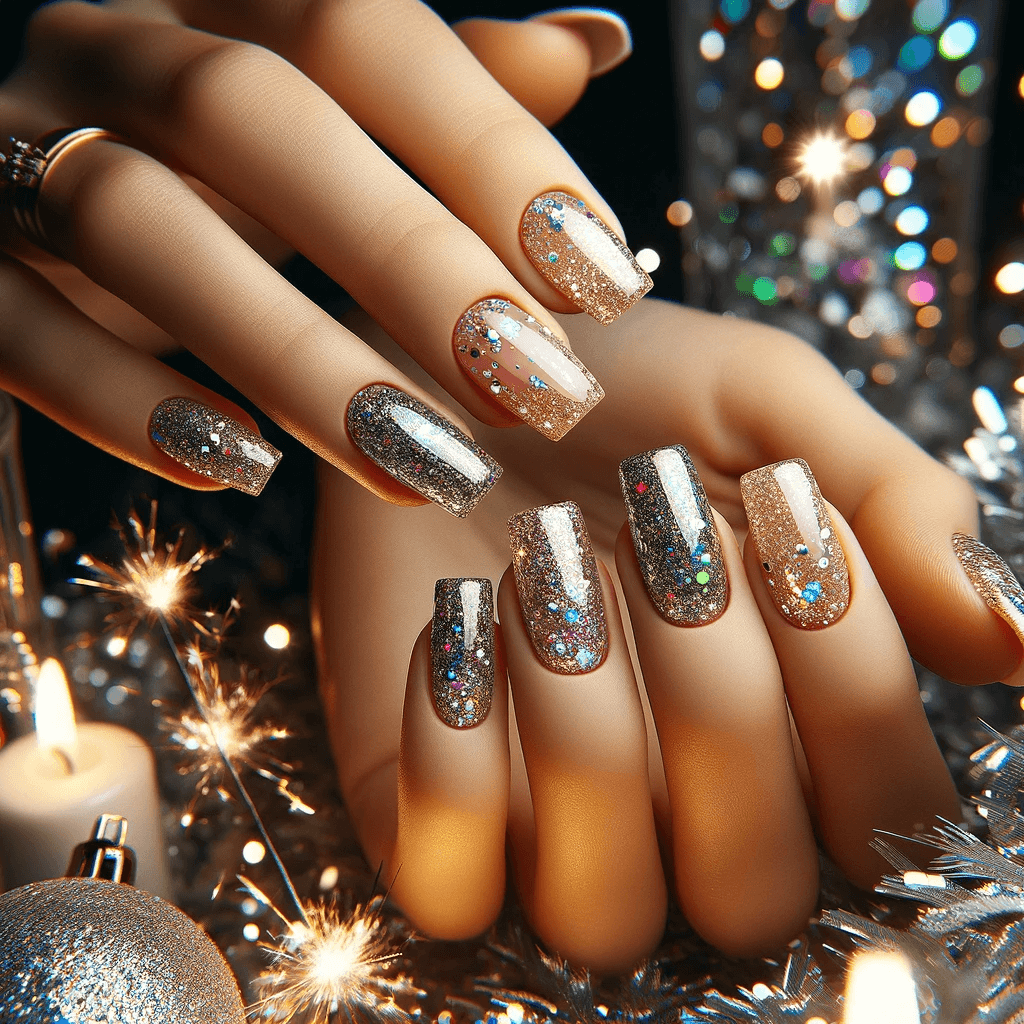 Paznokcie na Sylwestra z brokatowymi wykończeniami, świecące na tle noworocznej nocy z fajerwerkami i światłami, idealne dla osób szukających błyszczącego stylu na wyjątkową okazję