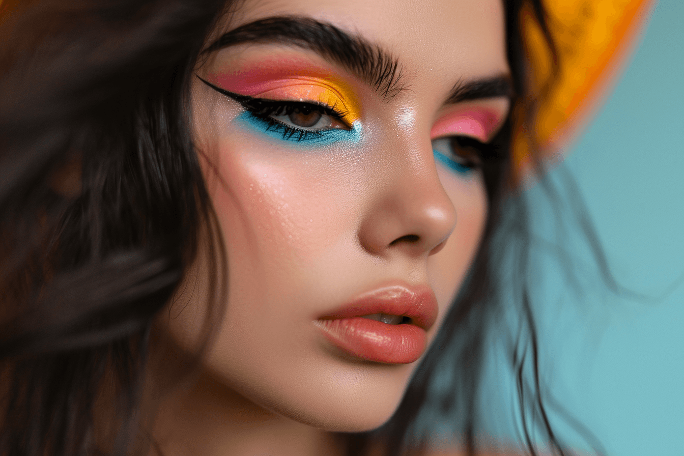 Młoda kobieta prezentująca makijaż w stylu lat 60. z wyrazistymi, neonowymi cieniami do powiek