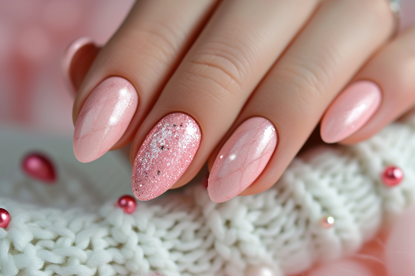 różowe paznokcie wykończone perłowym połyskiem na walentynki