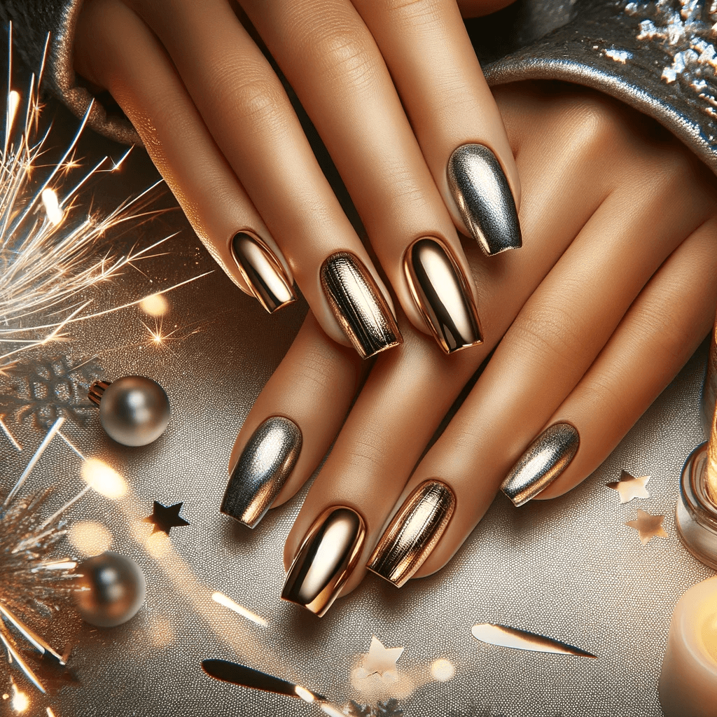 Sylwestrowe paznokcie na nowy rok 2024 z metalicznymi wykończeniami, emanujące blaskiem i stylem, na tle noworocznej zabawy z fajerwerkami i świetlnymi dekoracjami.