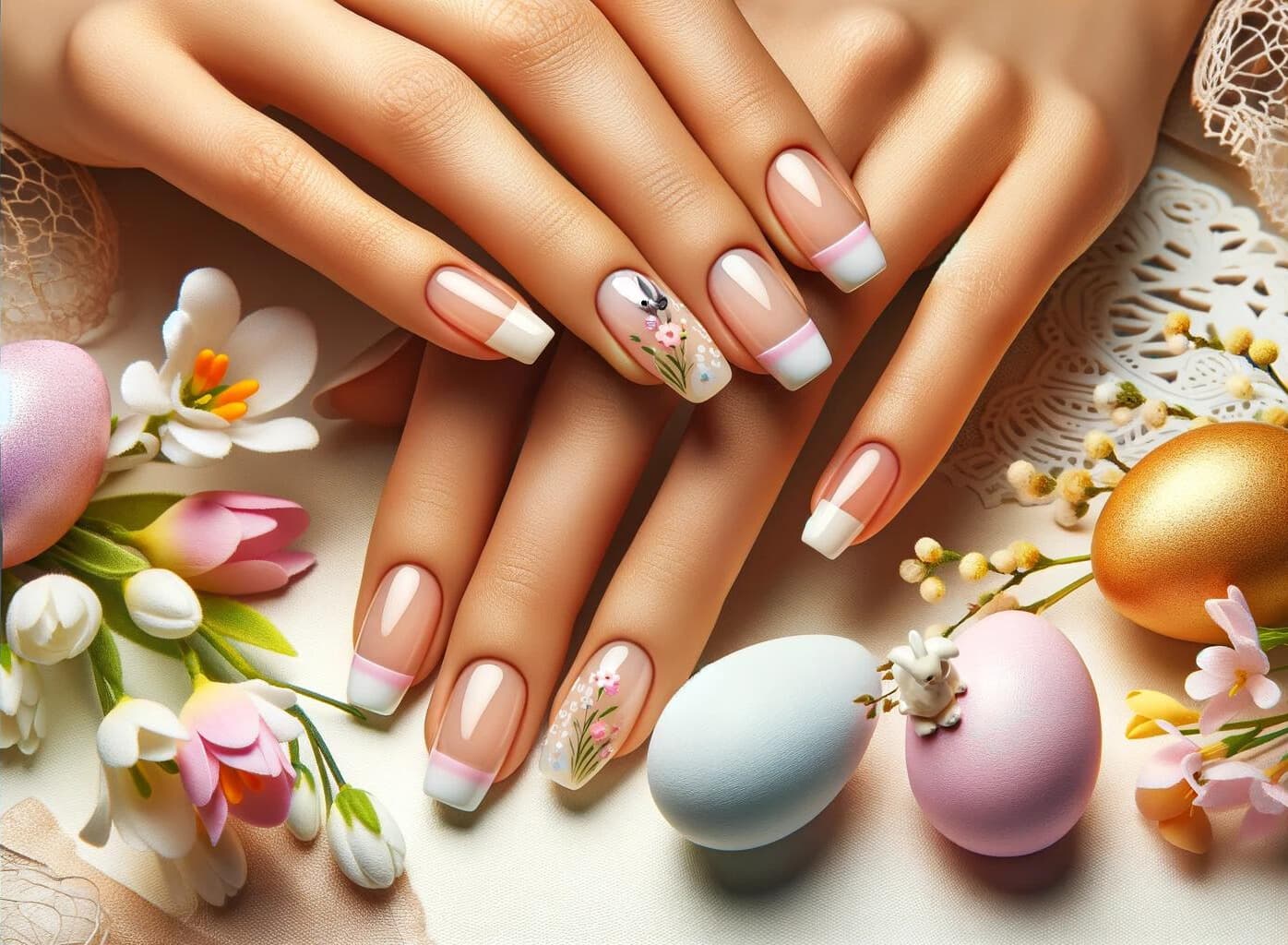 Paznokcie French na święta wielkanocne z pastelowymi końcówkami i świątecznymi akcentami, na tle wiosennej sceny z kwitnącymi kwiatami i pastelowymi barwami, idealne dla eleganckiej i sezonowej stylizacji