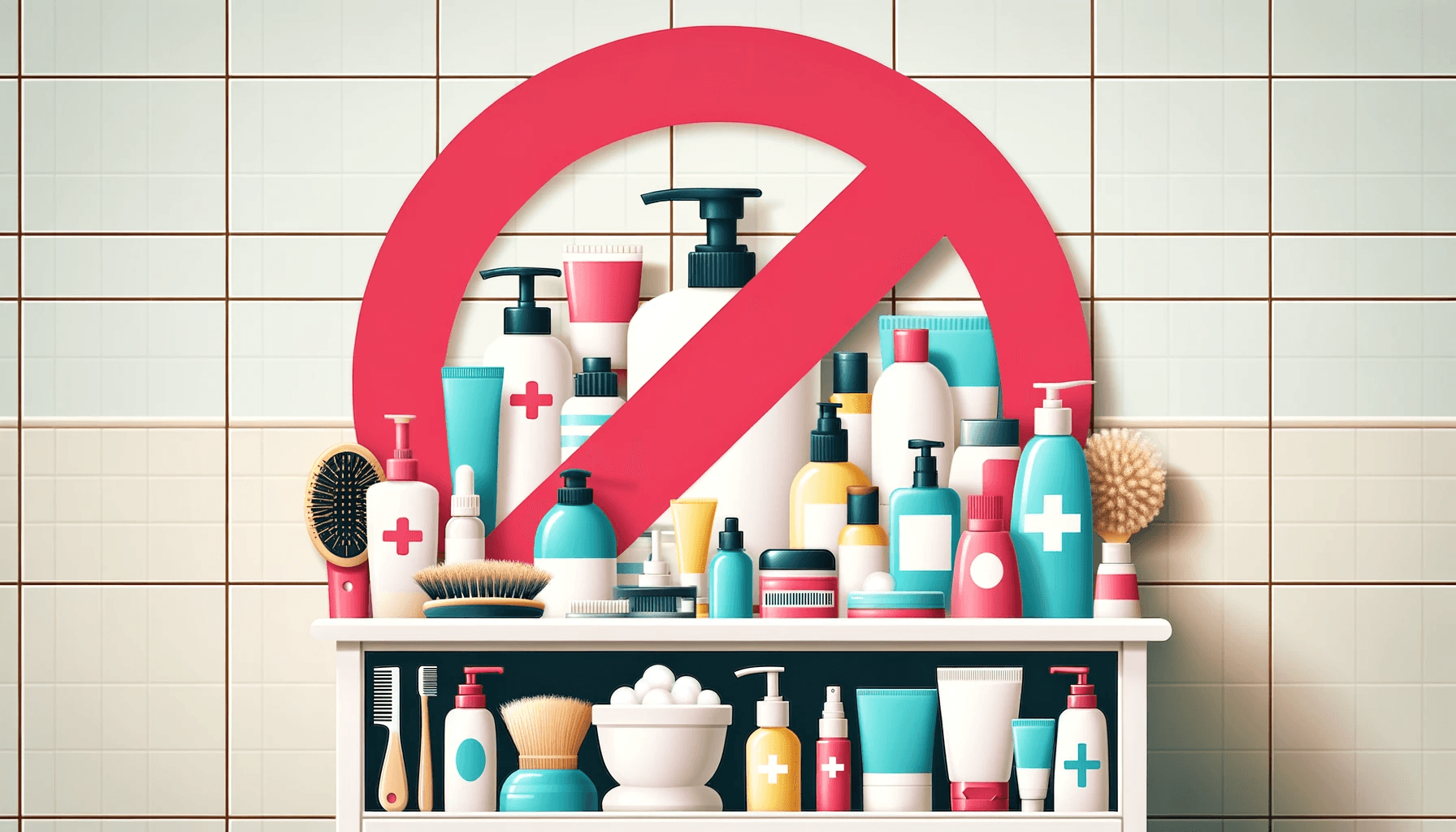 Poziomy obraz zatłoczonej łazienki z różnymi produktami do pielęgnacji skóry, na których kilka przedmiotów jest oznaczonych dużym czerwonym krzyżem, symbolizującym rodzaje produktów, których należy unikać w pielęgnacji wrażliwej skóry